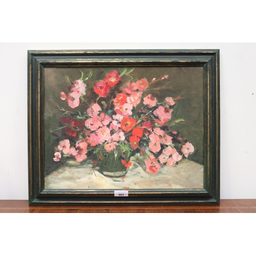 563 - Lee Elvy, still life, oil on board, signed lower right, approx  34cm x 44.5 cm