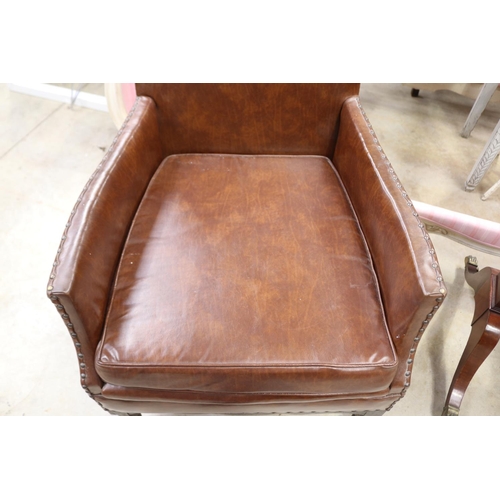 586 - Vintage faux brown leather studded trim arm chair