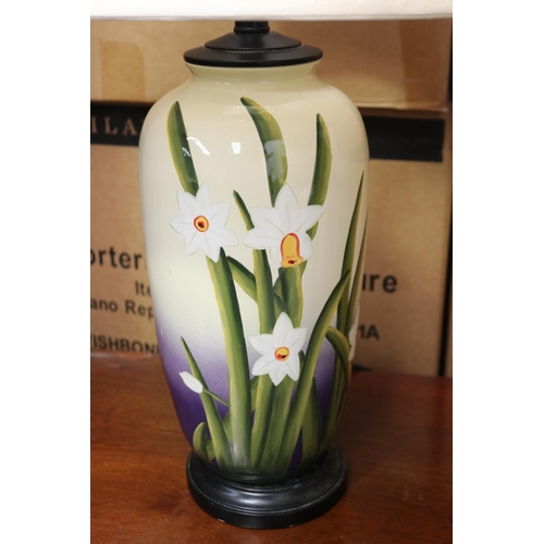 616 - Ceramic lamp hand painted with daffodils, approx 70 cm high