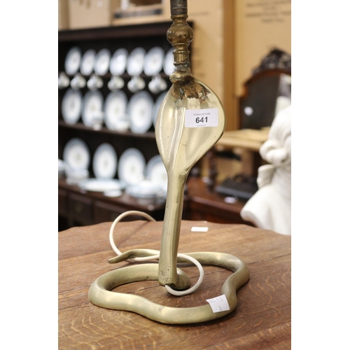 641 - 1920's English brass cobra candle stick, converted to electric light, approx 72cm H