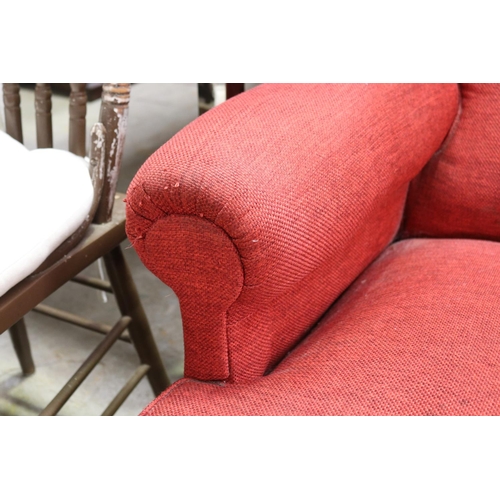 655 - Vintage red upholstered lounge arm chair, square tapering legs