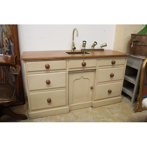 657 - Antique English pine side board converted with central sink and mixer tap, approx 83cm H x 154cm W x... 