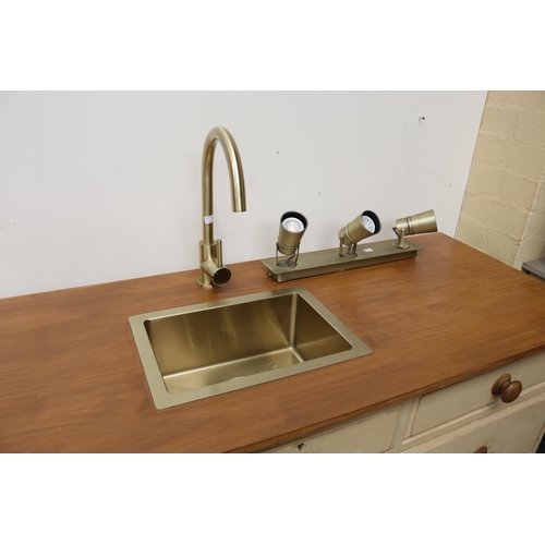 657 - Antique English pine side board converted with central sink and mixer tap, approx 83cm H x 154cm W x... 