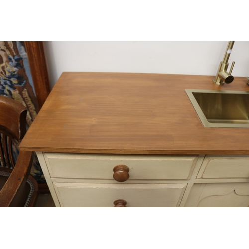 657 - Antique English pine side board converted with central sink and mixer tap, approx 83cm H x 154cm W x... 