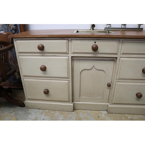 657 - Antique English pine side board converted with central sink and mixer tap, approx 83cm H x 154cm W x... 