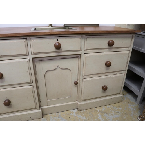 657 - Antique English pine side board converted with central sink and mixer tap, approx 83cm H x 154cm W x... 