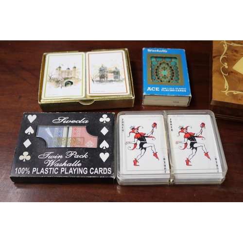 739 - Italian inlaid card box with cards, and other new sets extra cards etc