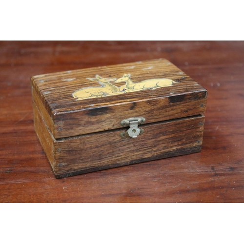 741 - Inlaid box with deer with a mix of buttons, pins military etc, box approx 5cm H x 13cm W x 8cm D