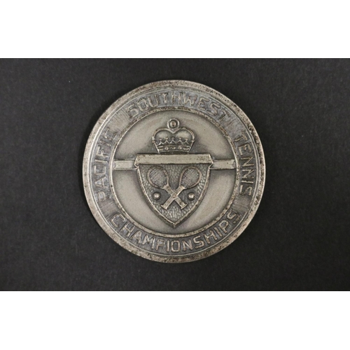 1085 - Tennis trophy medal, inscribed, PACIFIC SOUTHWEST TENNIS CHAMPIONSHIPS. RUNNER-UP GENTLEMENS'S DOUBL... 