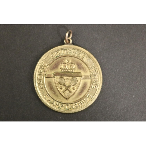 1087 - Tennis trophy medal, inscribed, PACIFIC SOUTHWEST TENNIS CHAMPIONSHIPS. WINNER GENTLEMEN'S DOUBLES 1... 