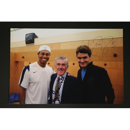 1170 - Colour photograph of Tiger Woods, Ken Rosewall and Roger Federer, signed by both Ken and Roger, Afte... 