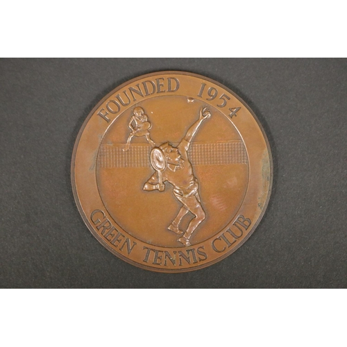 1126 - Bronze tennis medallion, marked FOUNDED 1954 GREEN TENNIS CLUB. Approx 7cm Dia. Provenance: Ken Rose... 