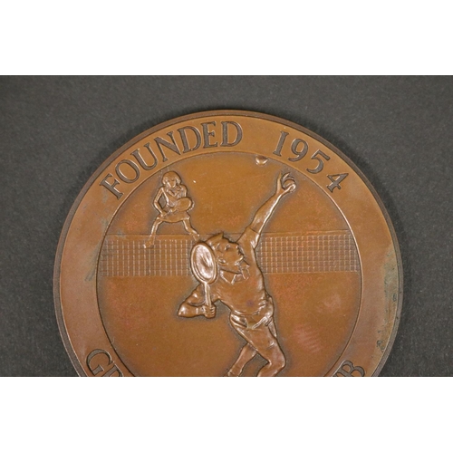 1126 - Bronze tennis medallion, marked FOUNDED 1954 GREEN TENNIS CLUB. Approx 7cm Dia. Provenance: Ken Rose... 