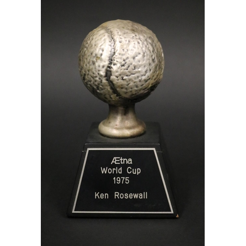 1173 - Tennis ball tennis trophy. Inscribed Aetna World Cup 1975 Ken Rosewall. Approx 15cm H including stan... 