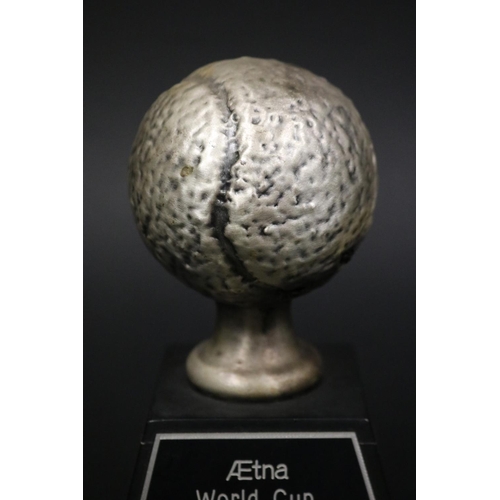 1173 - Tennis ball tennis trophy. Inscribed Aetna World Cup 1975 Ken Rosewall. Approx 15cm H including stan... 