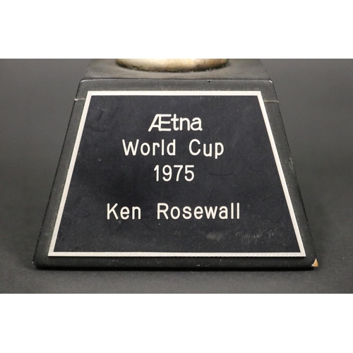 1173 - Tennis ball tennis trophy. Inscribed Aetna World Cup 1975 Ken Rosewall. Approx 15cm H including stan... 