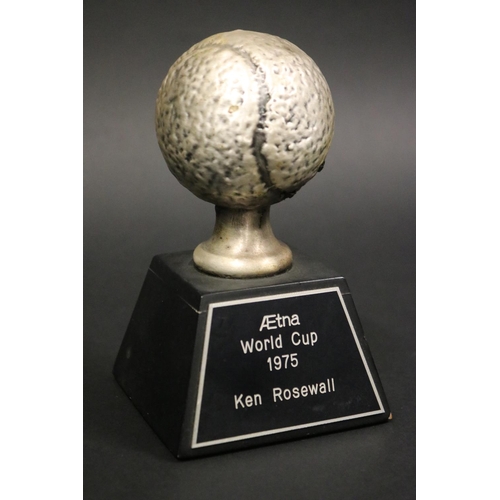 1173 - Tennis ball tennis trophy. Inscribed Aetna World Cup 1975 Ken Rosewall. Approx 15cm H including stan... 