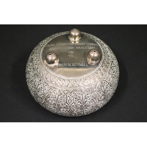 1225 - Silver bowl inscribed From Karachi Lawn Tennis Association Pakistan. To Mr Ken Roswall 14th Nov 1957... 