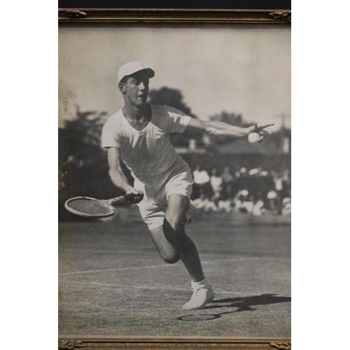 1227 - Framed black & white photograph of a young Ken playing tennis in 1950. Approx 30cm x 25cm. Provenanc... 