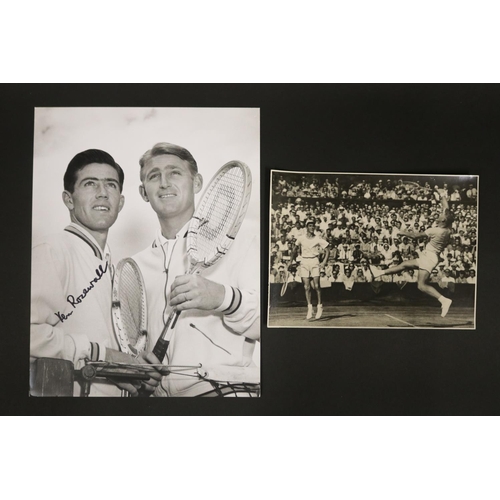 1197 - Two photographs of Ken Rosewall and Lew Hoad in action and the other with their racquets, one signed... 