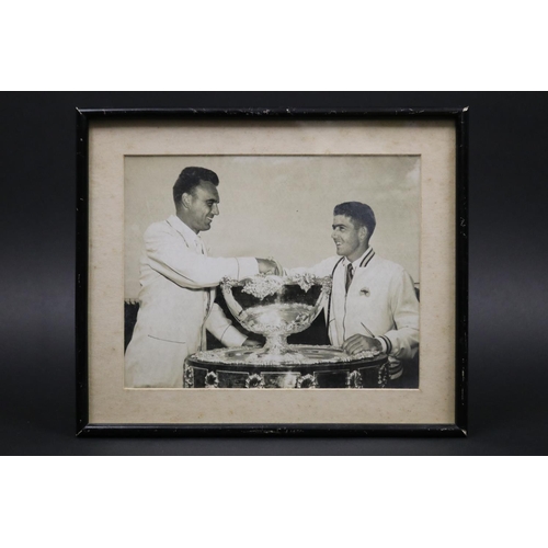 1253 - Framed black and white photograph of Ken Rosewall and Vic Seixas (USA) Davis Cup - Kooyong Melbourne... 