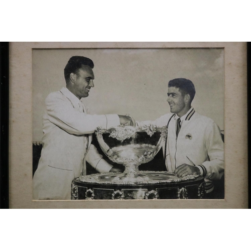 1253 - Framed black and white photograph of Ken Rosewall and Vic Seixas (USA) Davis Cup - Kooyong Melbourne... 