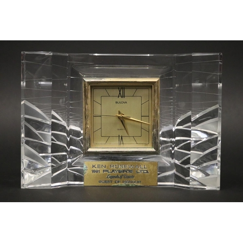 1287 - Bulova desk clock, with plaque inscribed KEN ROSEWALL 1991 PLAYER'S LTD. Legends of Tennis GUEST OF ... 