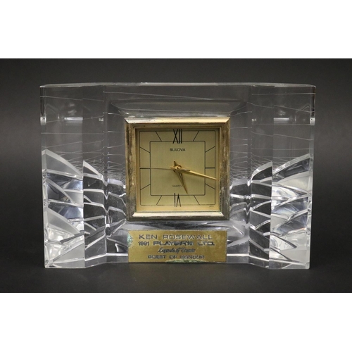 1287 - Bulova desk clock, with plaque inscribed KEN ROSEWALL 1991 PLAYER'S LTD. Legends of Tennis GUEST OF ... 