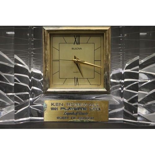 1287 - Bulova desk clock, with plaque inscribed KEN ROSEWALL 1991 PLAYER'S LTD. Legends of Tennis GUEST OF ... 