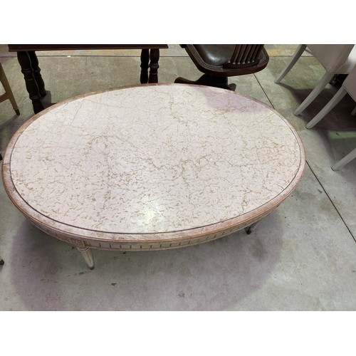 749 - Large 1950's painted finish oval stone inset topped coffee table, in the Louis XVI style with brass ... 
