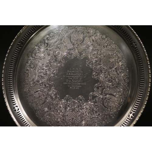 1237 - Presentation circular tray, inscribed L.T.A.A Presented to K.R.ROSEWALL In Commemoration of the Visi... 