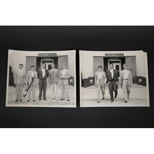 1264 - Black and white photograph, Ken Rosewall, Merv Rose and Lew Hoad at Disney Studio's 1953, one signed... 