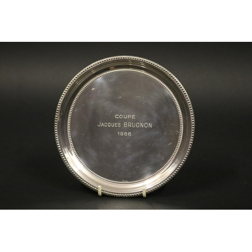 1127 - Tennis trophy plate. Inscribed COUPE JACQUES BRUGNON 1986. Approx 18cm Dia. Provenance: Ken Rosewall... 