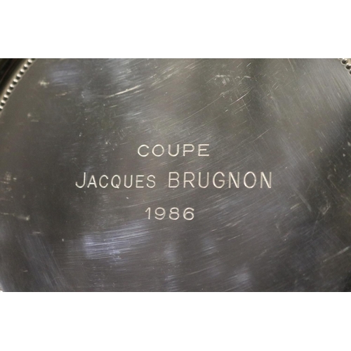 1127 - Tennis trophy plate. Inscribed COUPE JACQUES BRUGNON 1986. Approx 18cm Dia. Provenance: Ken Rosewall... 