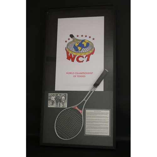 1348 - Shadow framed 1971 WCT Final used Seamco racquet with signed photograph of Ken Rosewall & Rod Laver ... 