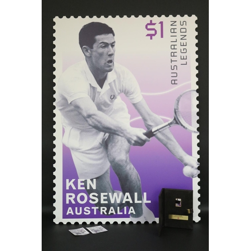Large Ken Rosewall Australian Legends stamp, with Australia Post album to include an example of the stamp & with a signed printed photo of Ken & another, approx 95cm H x 70cm W. Provenance: Ken Rosewall Collection