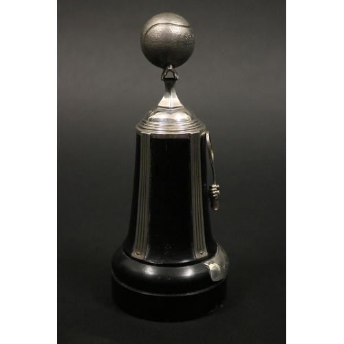 1024 - Tennis trophy, pedestal & ball. SLAZENGER CHALLENGE TROPHY. 1958 K.ROSEWALL. Sterling silver & wood.... 