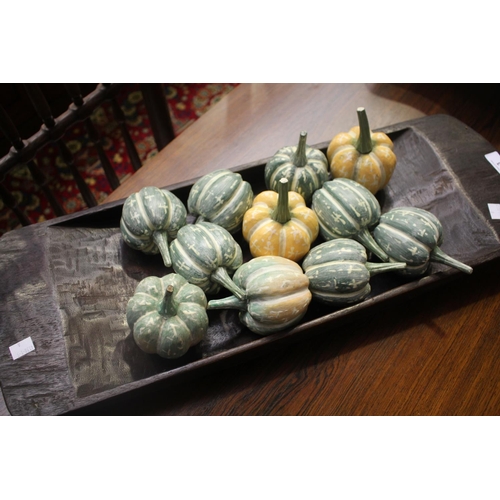 3 - Indian wooden tray with faux pumpkins, approx 68cm L x 24cm W