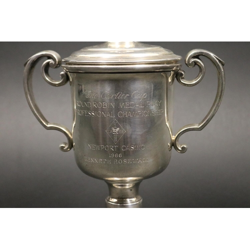 1061 - Twin handled lidded tennis trophy cup. Inscribed, The Cartier Cup ROUND ROBIN MEDAL PLAY PROFESSIONA... 
