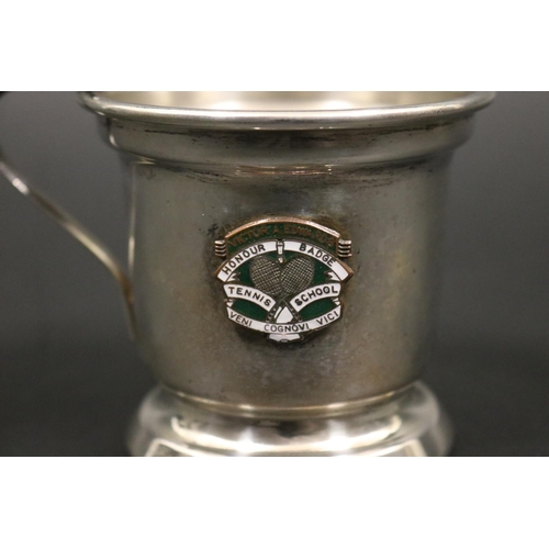 1077 - Victor A Edwards Tennis school cup, inscribed In Appreciation FROM V.A & J.S Students 1958. Approx 8... 