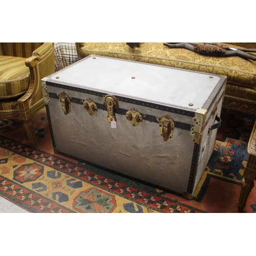 79 - Vintage gal metal mounted studded trim trunk, approx 52cm H x 92cm W x 51cm D
