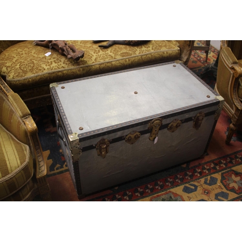 79 - Vintage gal metal mounted studded trim trunk, approx 52cm H x 92cm W x 51cm D