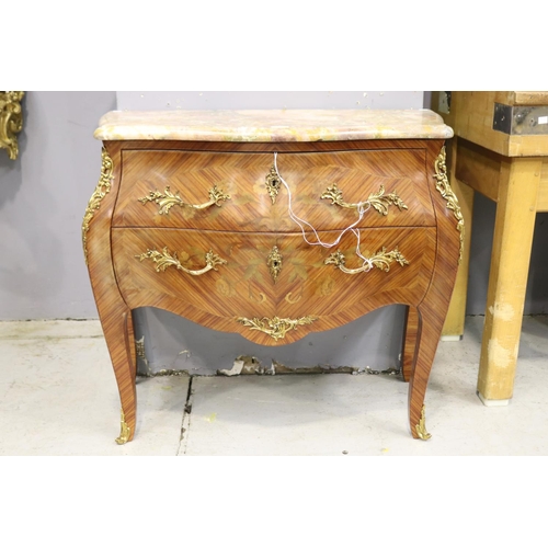 68 - French Kingwood floral marquetry marble topped Louis XV style two drawer commode, approx 82cm H x 92... 