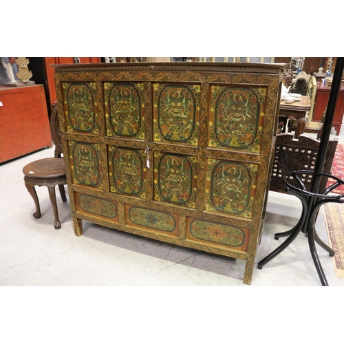 98 - Large oriental painted cabinet with dragon panels with doors, approx 122cm H x 133cm W x 50cm D