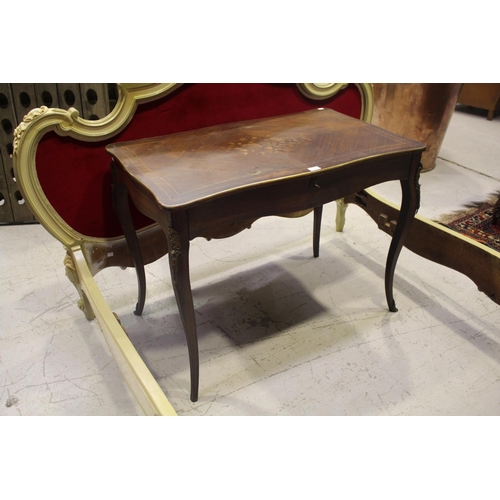 195 - French single drawer inlaid desk with metal mounts, approx 75cm H x 98cm W x 60cm D