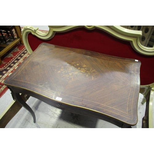 195 - French single drawer inlaid desk with metal mounts, approx 75cm H x 98cm W x 60cm D