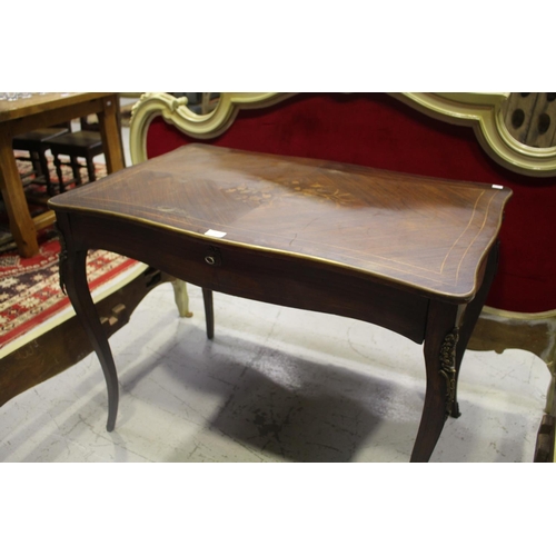 195 - French single drawer inlaid desk with metal mounts, approx 75cm H x 98cm W x 60cm D