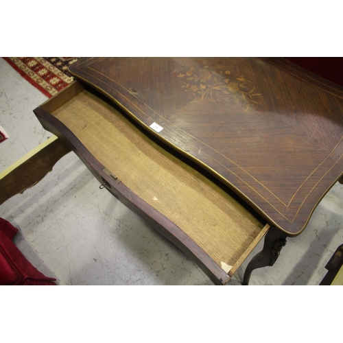 195 - French single drawer inlaid desk with metal mounts, approx 75cm H x 98cm W x 60cm D