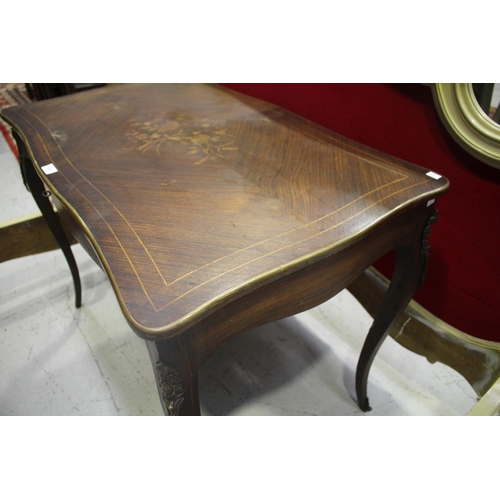 195 - French single drawer inlaid desk with metal mounts, approx 75cm H x 98cm W x 60cm D