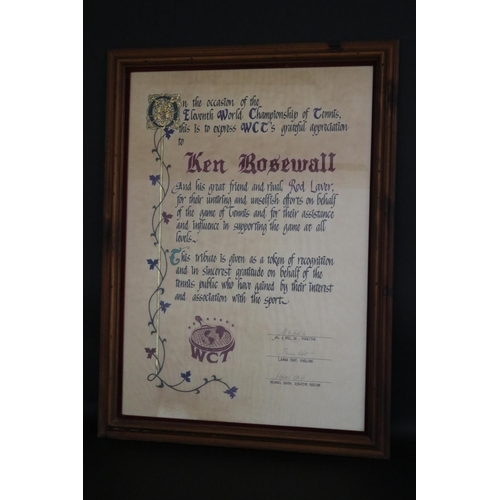 1339 - Framed WCT award presented to Ken Rosewall and his great friend and rival, Rod Laver. Approx 83cm x ... 